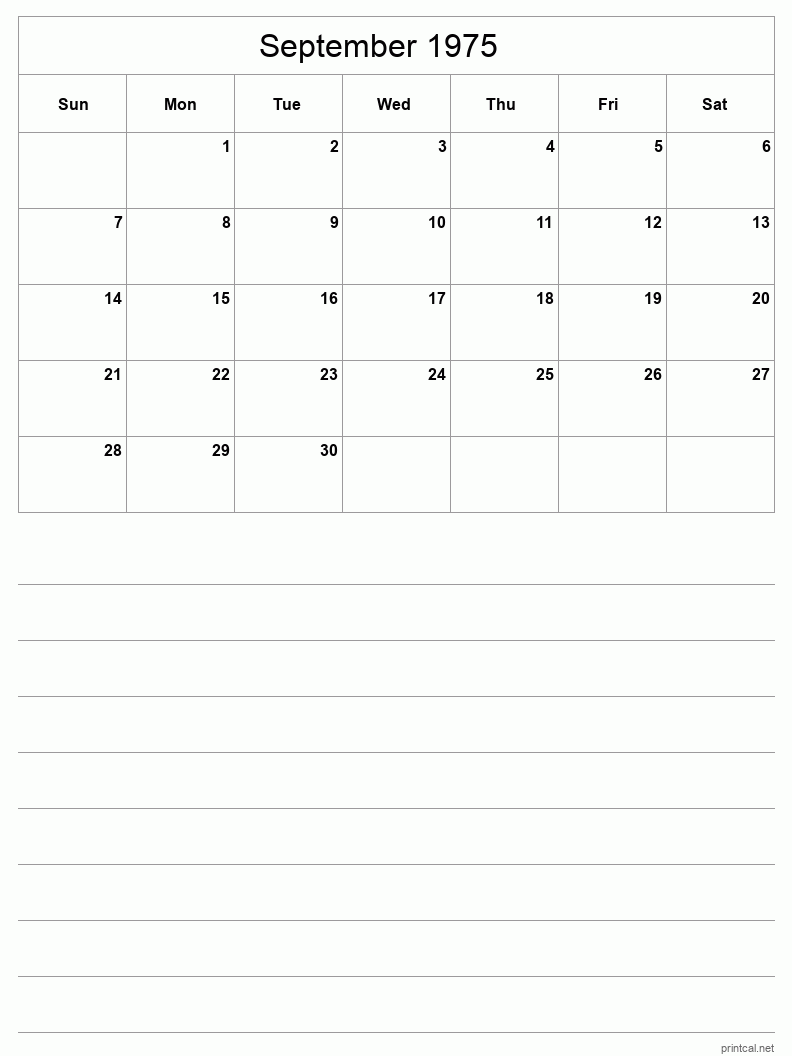 September 1975 Printable Calendar - Half-Page With Notesheet