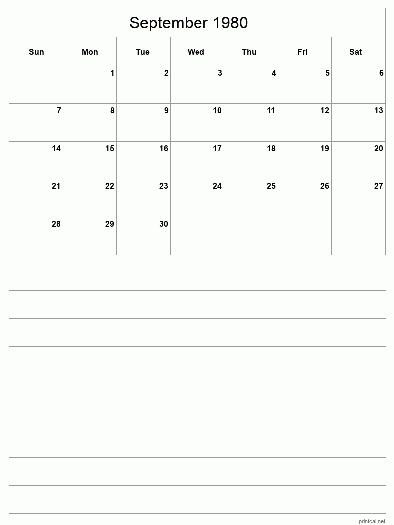 September 1980 Printable Calendar - Half-Page With Notesheet