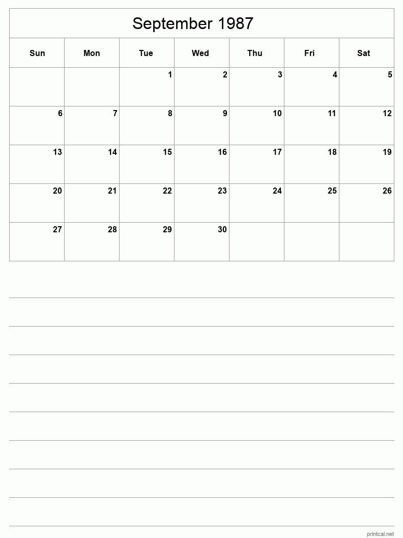 September 1987 Printable Calendar - Half-Page With Notesheet