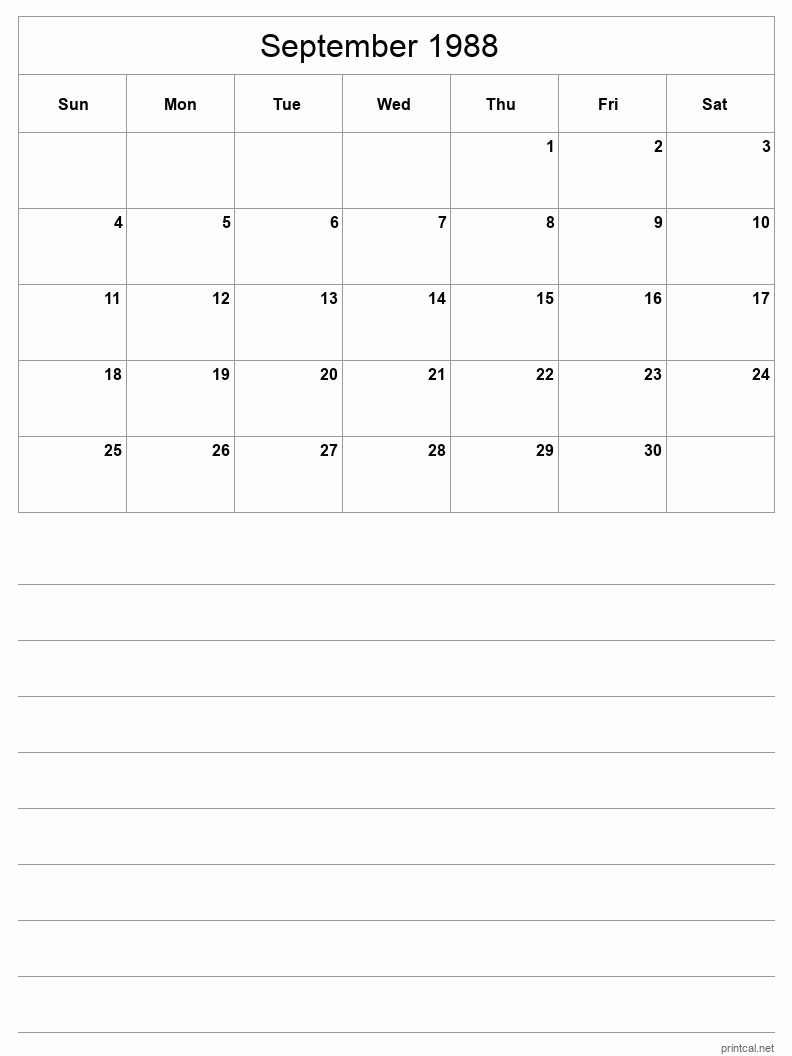 September 1988 Printable Calendar - Half-Page With Notesheet