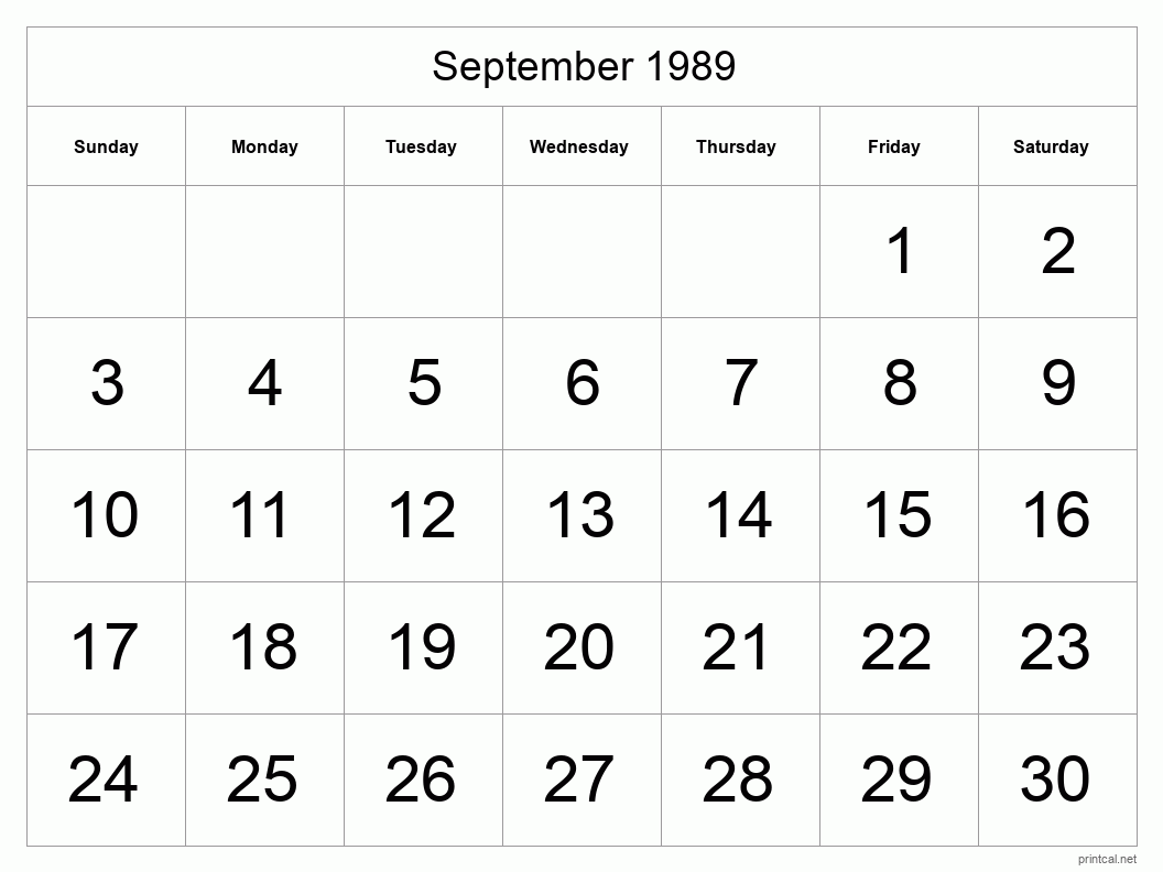 September 1989 Printable Calendar - Big Dates