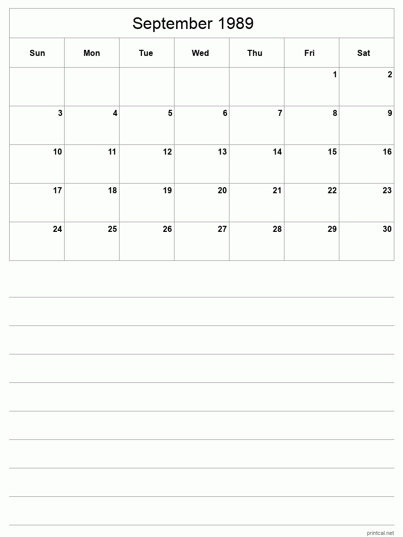 September 1989 Printable Calendar - Half-Page With Notesheet