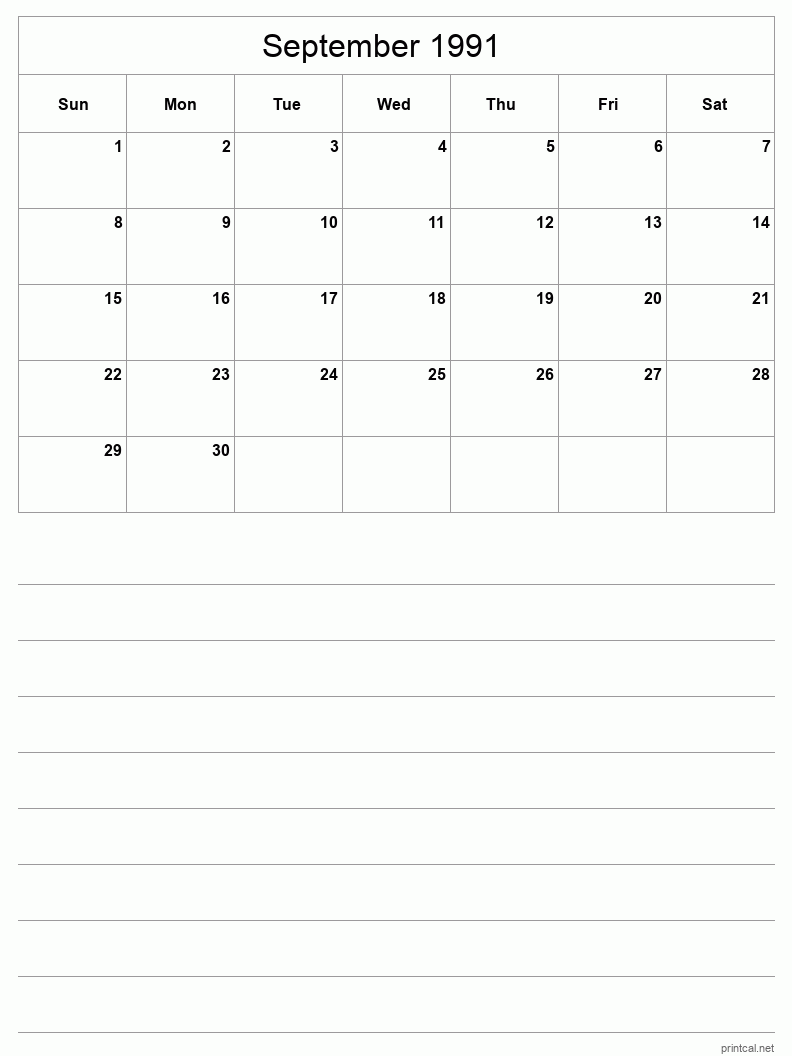 September 1991 Printable Calendar - Half-Page With Notesheet