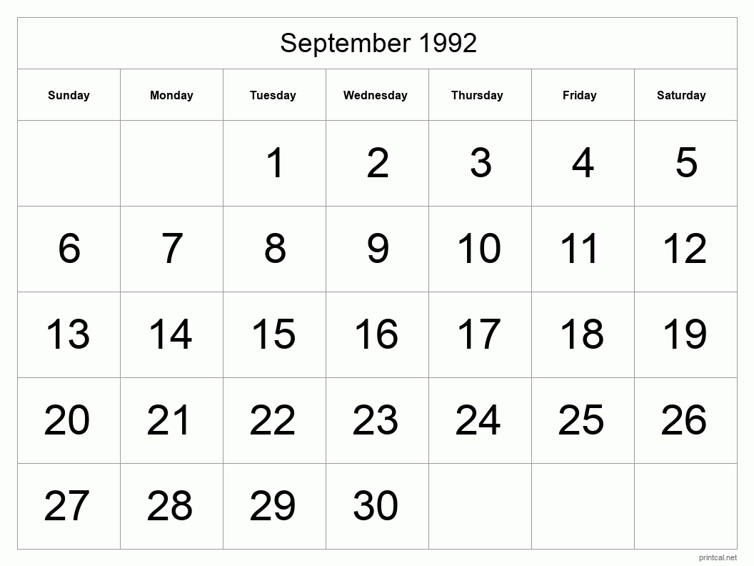 September 1992 Printable Calendar - Big Dates