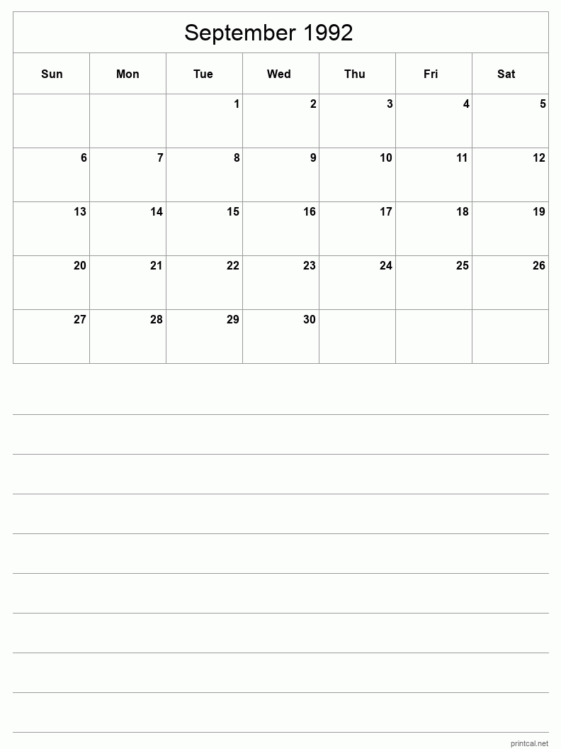 September 1992 Printable Calendar - Half-Page With Notesheet