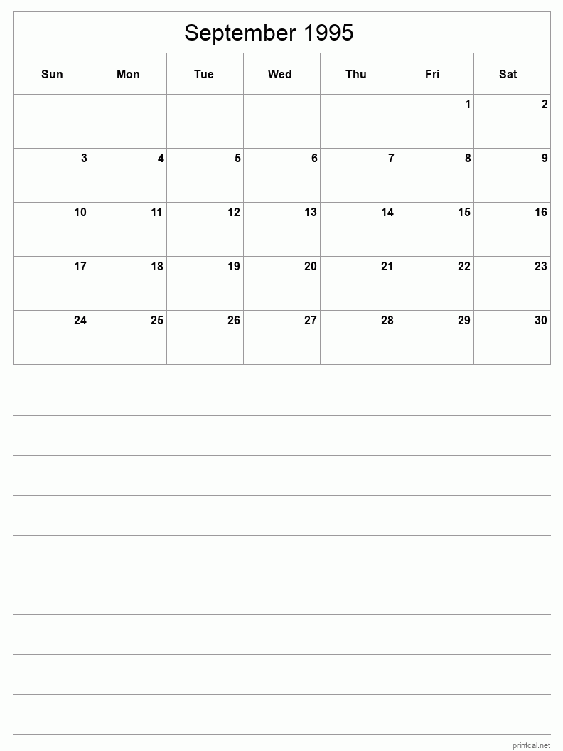 September 1995 Printable Calendar - Half-Page With Notesheet