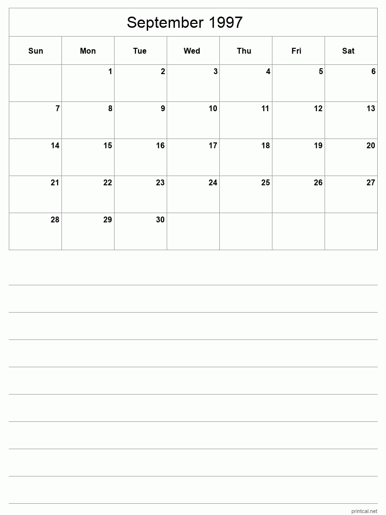 September 1997 Printable Calendar - Half-Page With Notesheet