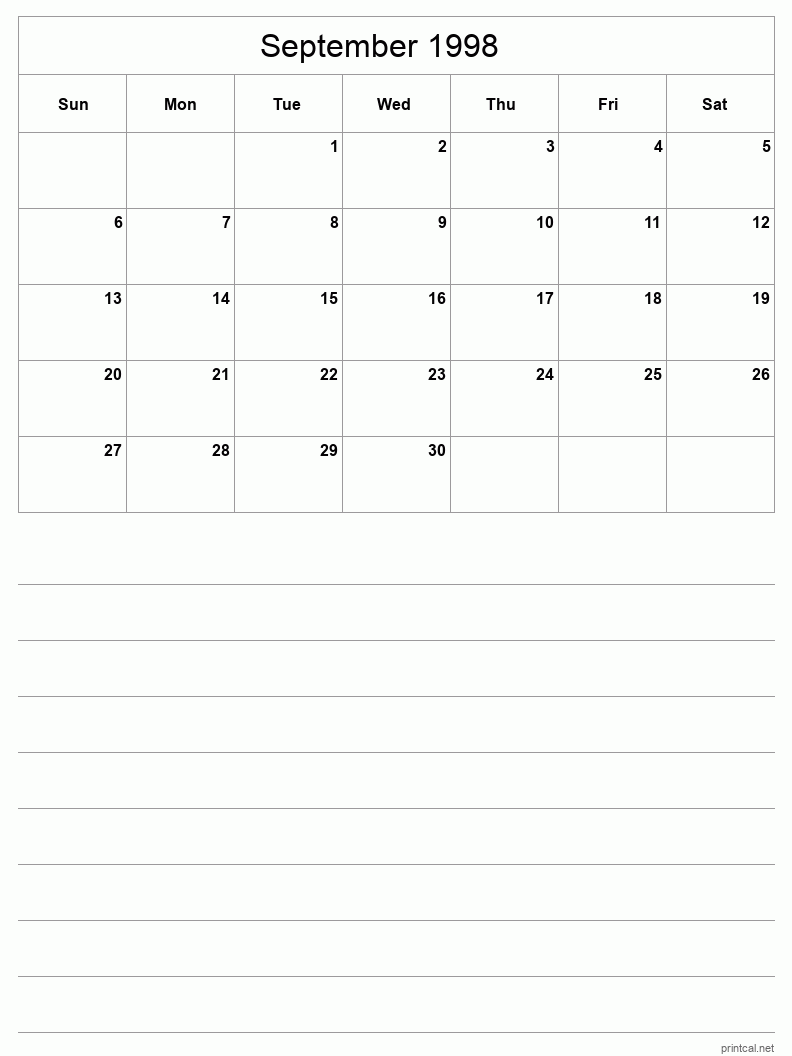 September 1998 Printable Calendar - Half-Page With Notesheet