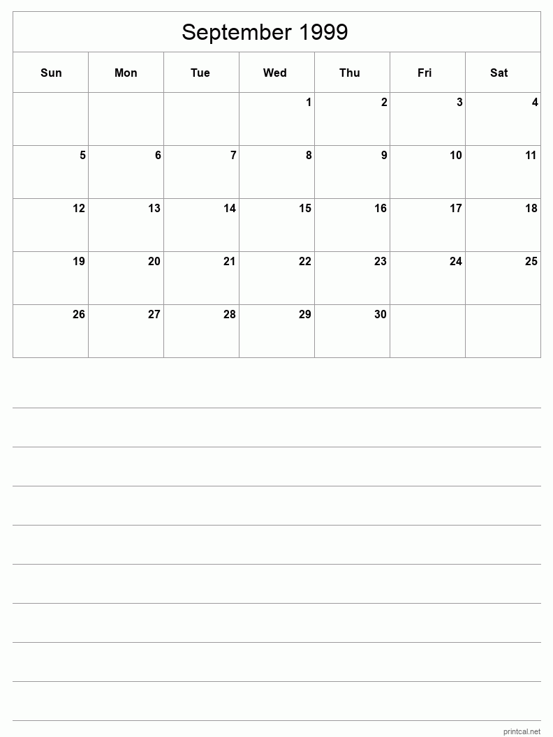 September 1999 Printable Calendar - Half-Page With Notesheet