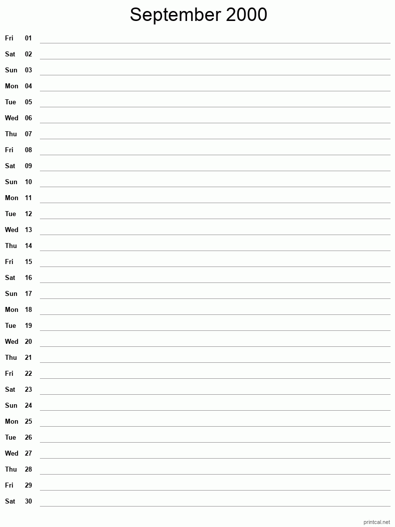 September 2000 Printable Calendar - Single Column Notesheet