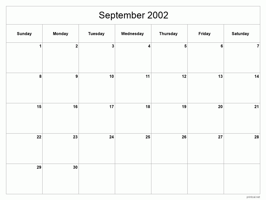 September 2002 Printable Calendar - Classic Blank Sheet