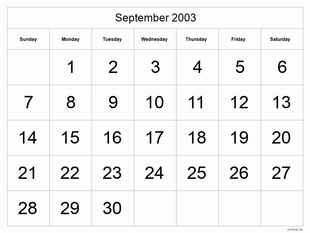 September 2003 Printable Calendar - Big Dates