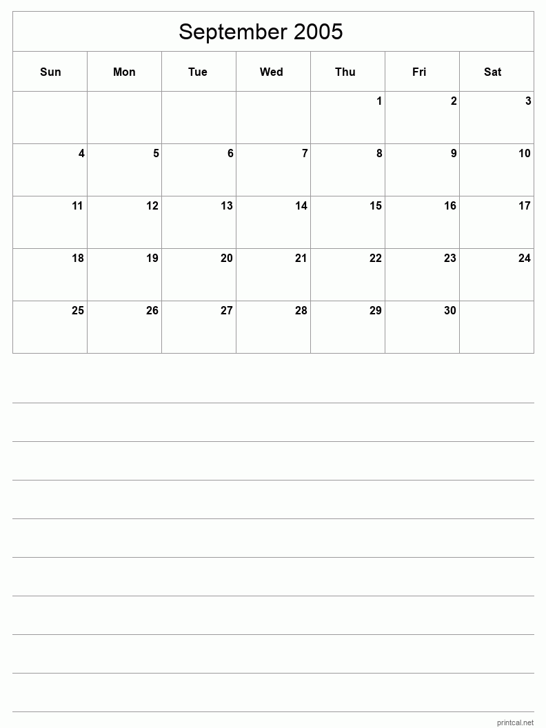 September 2005 Printable Calendar - Half-Page With Notesheet