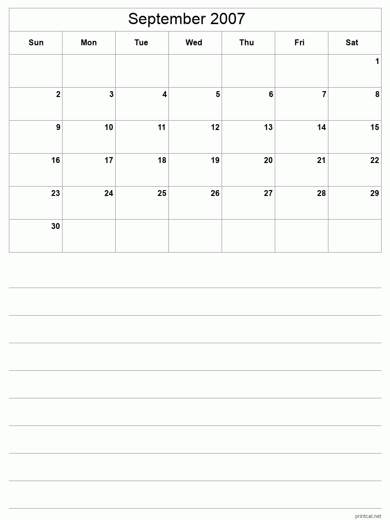 September 2007 Printable Calendar - Half-Page With Notesheet