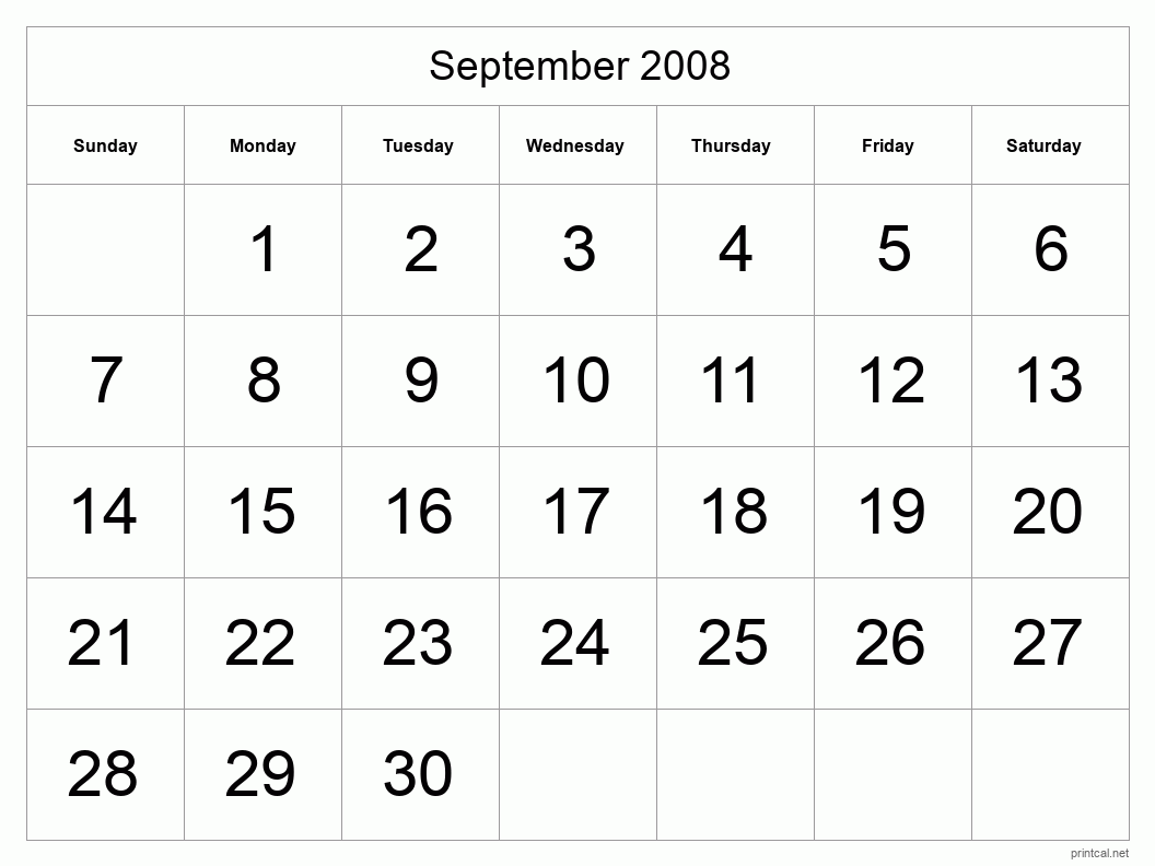 September 2008 Printable Calendar - Big Dates