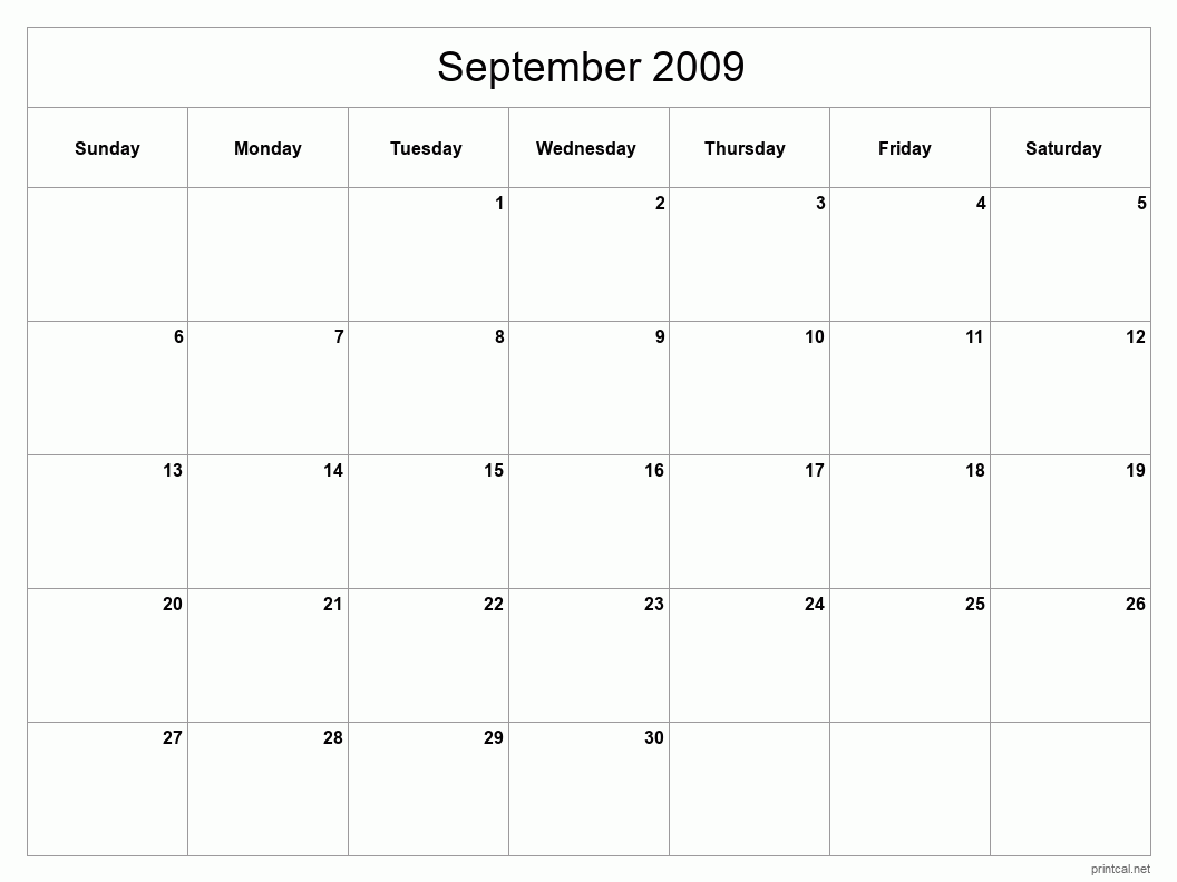 September 2009 Printable Calendar - Classic Blank Sheet