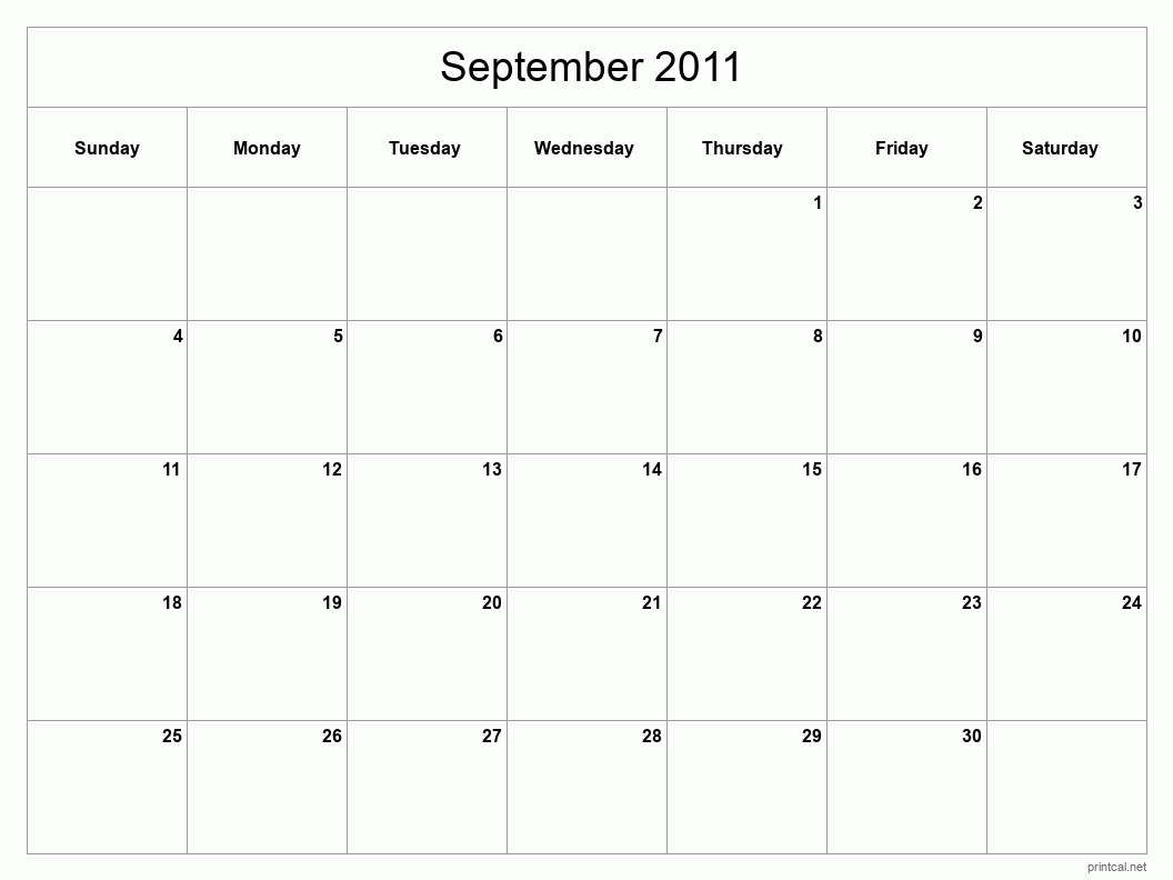 September 2011 Printable Calendar - Classic Blank Sheet