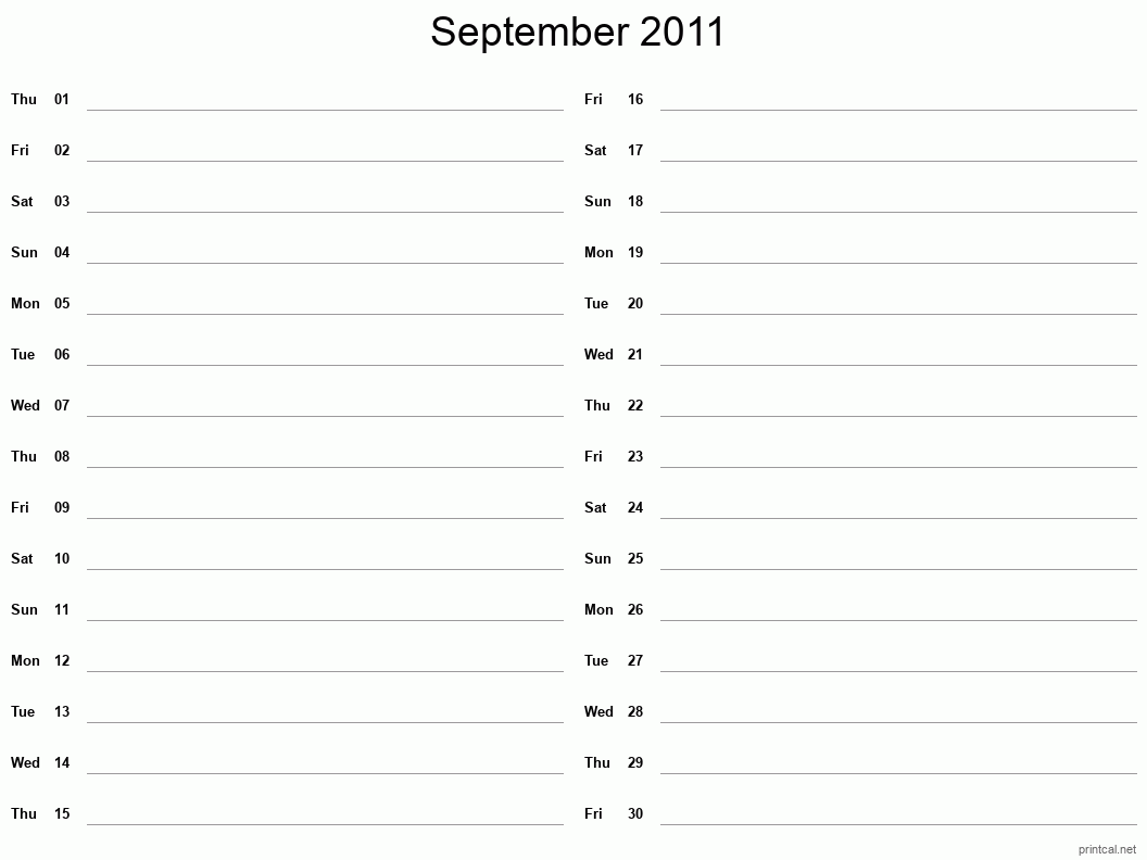 September 2011 Printable Calendar - Two Column Notesheet
