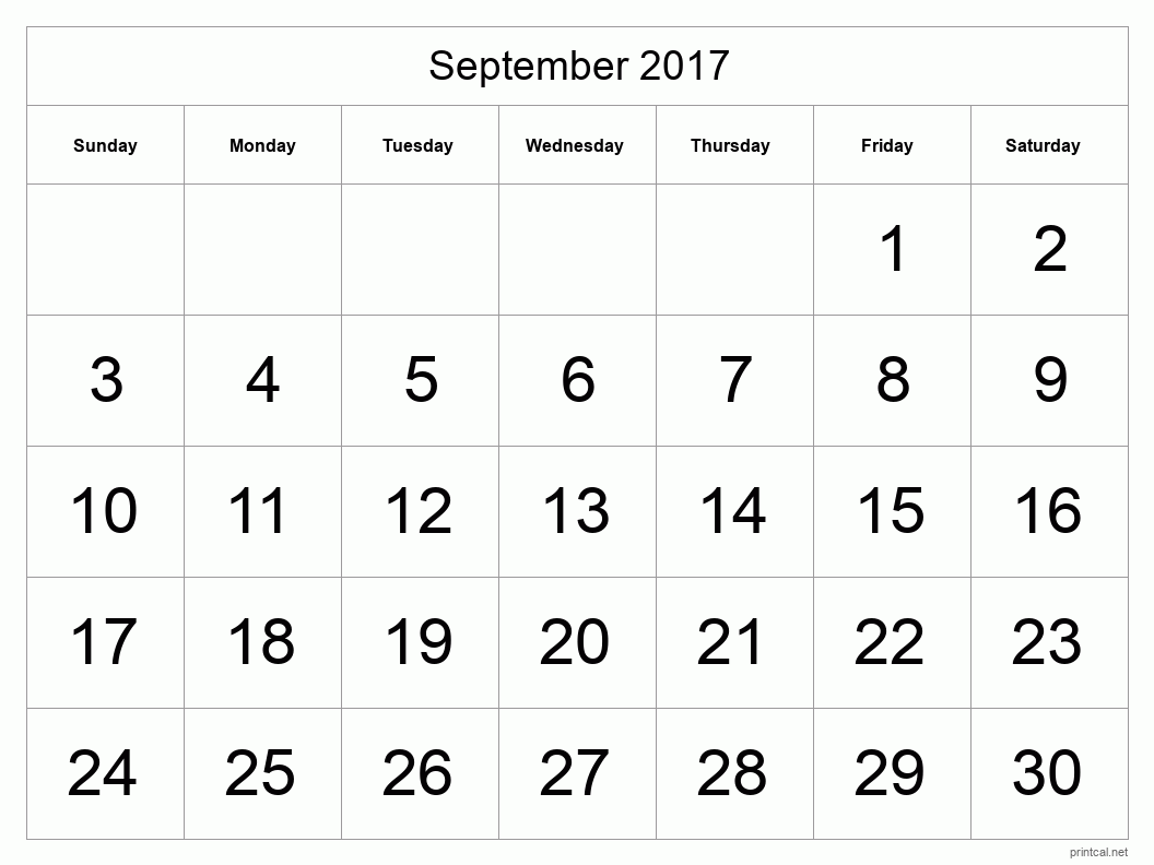 September 2017 Printable Calendar - Big Dates