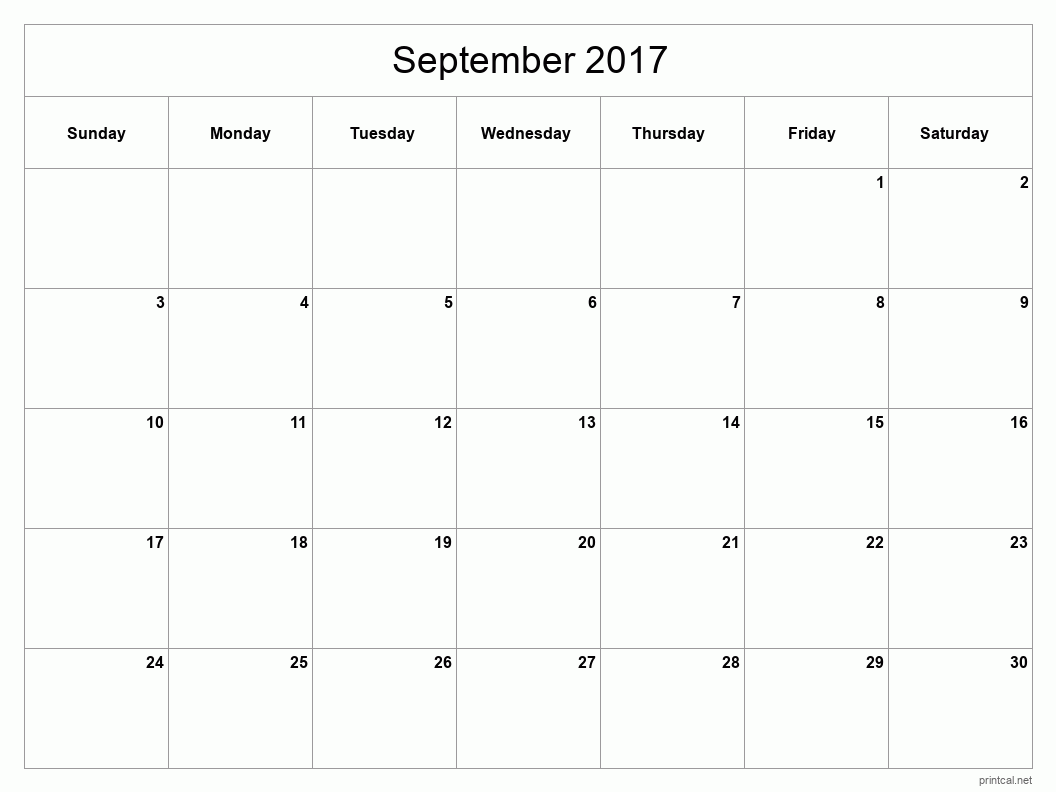 September 2017 Printable Calendar - Classic Blank Sheet