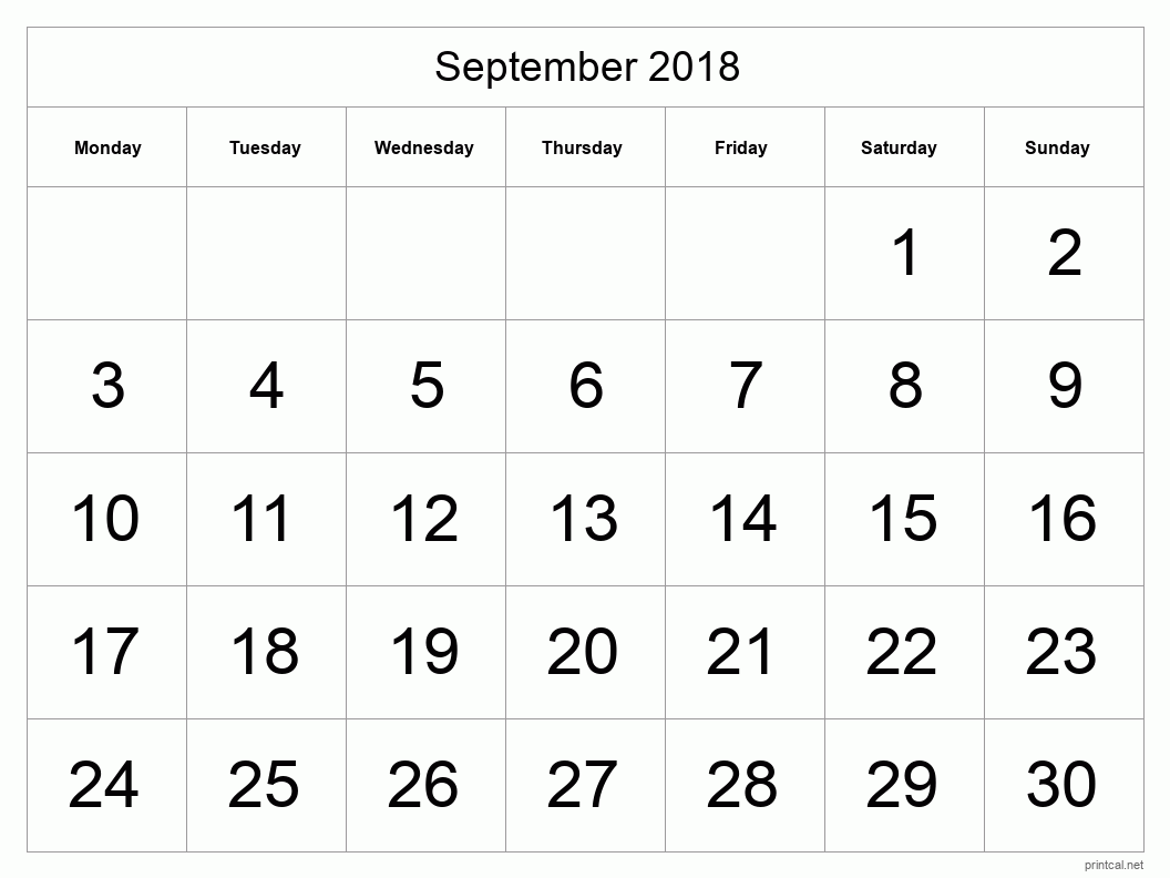 September 2018 Printable Calendar - Big Dates