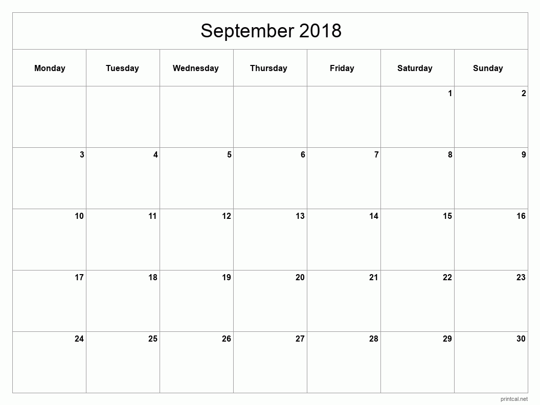 September 2018 Printable Calendar - Classic Blank Sheet