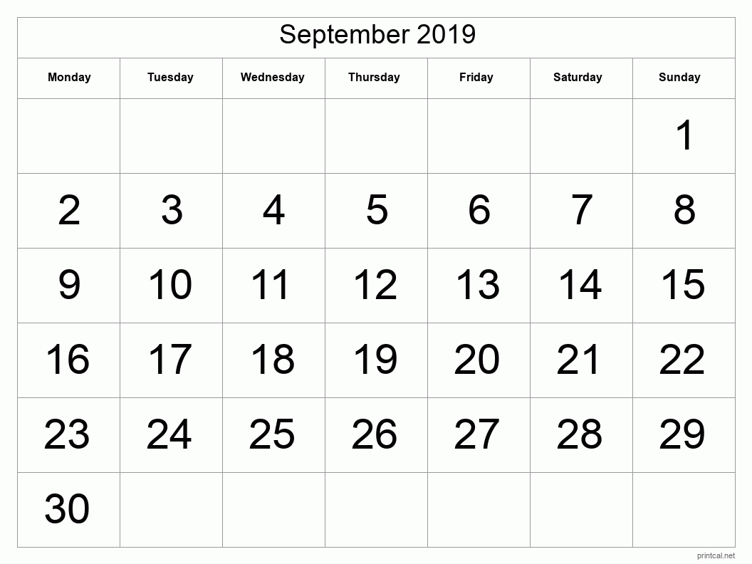 September 2019 Printable Calendar - Big Dates