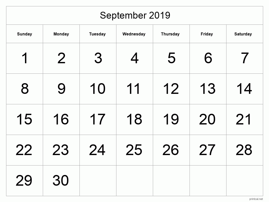 September 2019 Printable Calendar - Big Dates