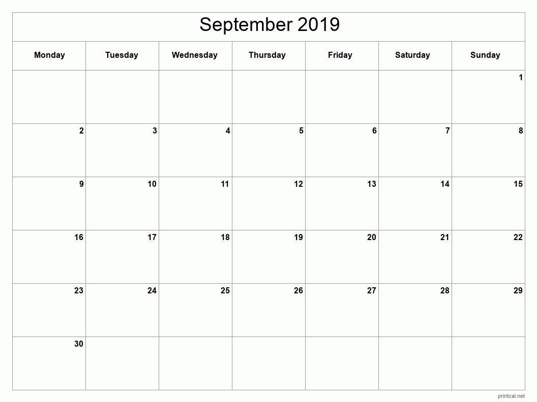 September 2019 Printable Calendar - Classic Blank Sheet