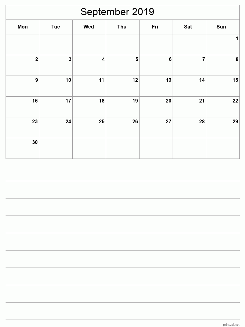 September 2019 Printable Calendar - Half-Page With Notesheet
