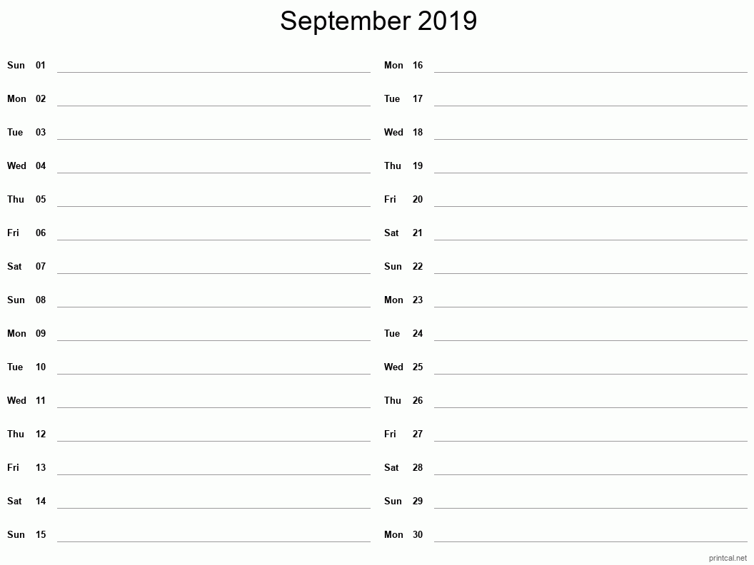September 2019 Printable Calendar - Two Column Notesheet
