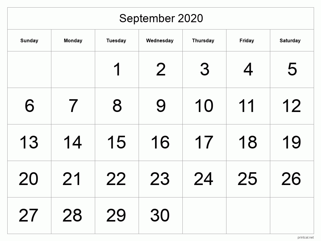 September 2020 Printable Calendar - Big Dates