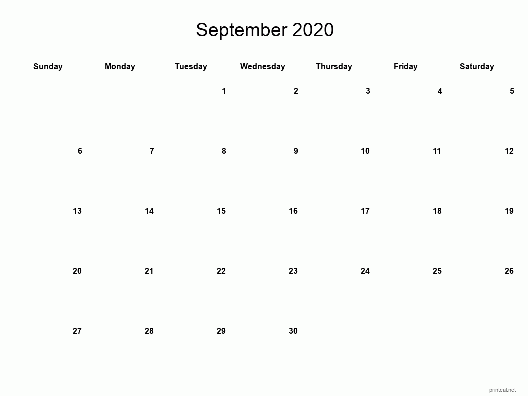September 2020 Printable Calendar - Classic Blank Sheet