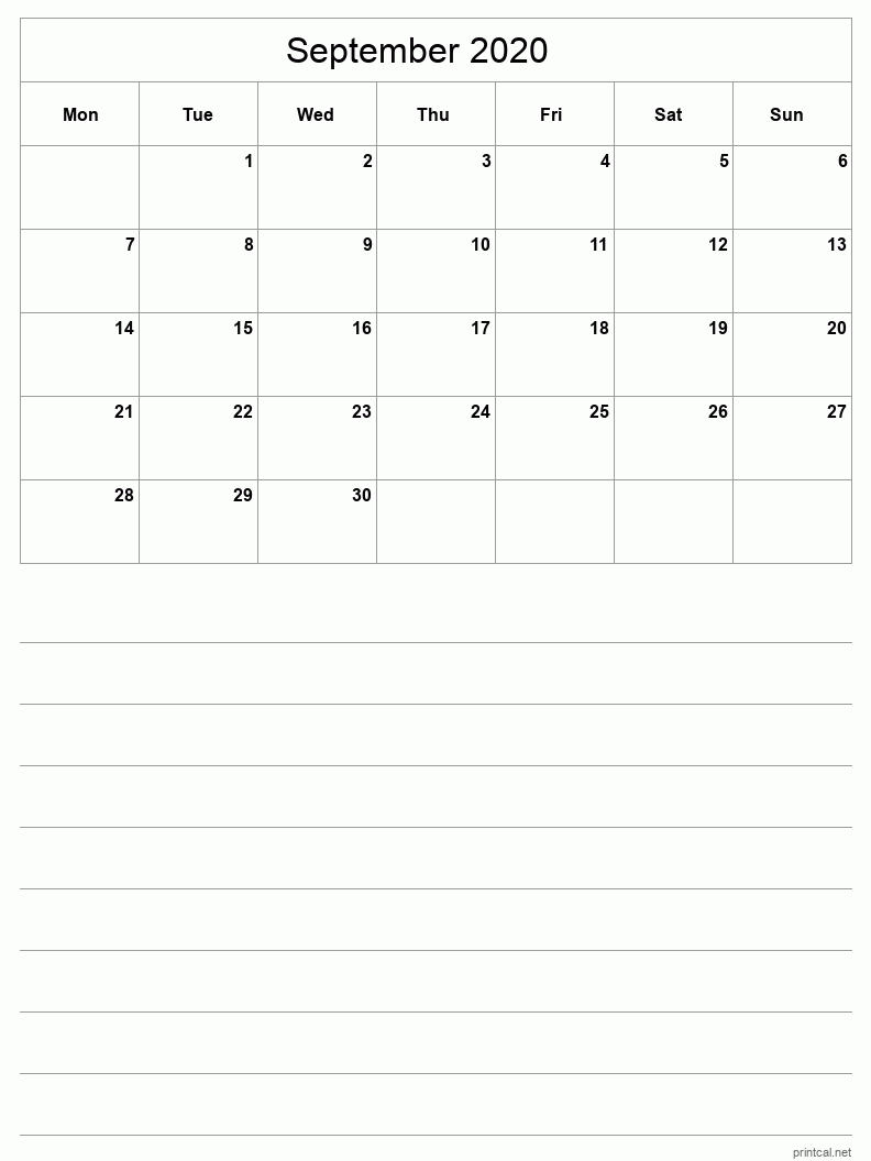 September 2020 Printable Calendar - Half-Page With Notesheet