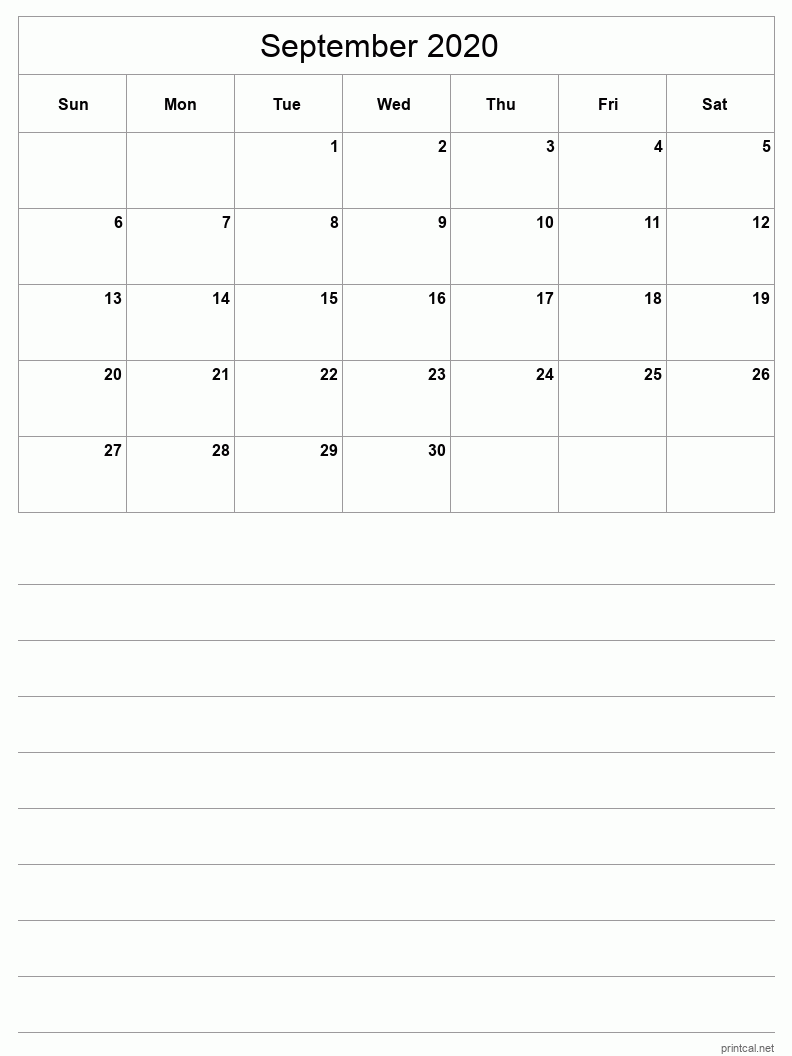 September 2020 Printable Calendar - Half-Page With Notesheet