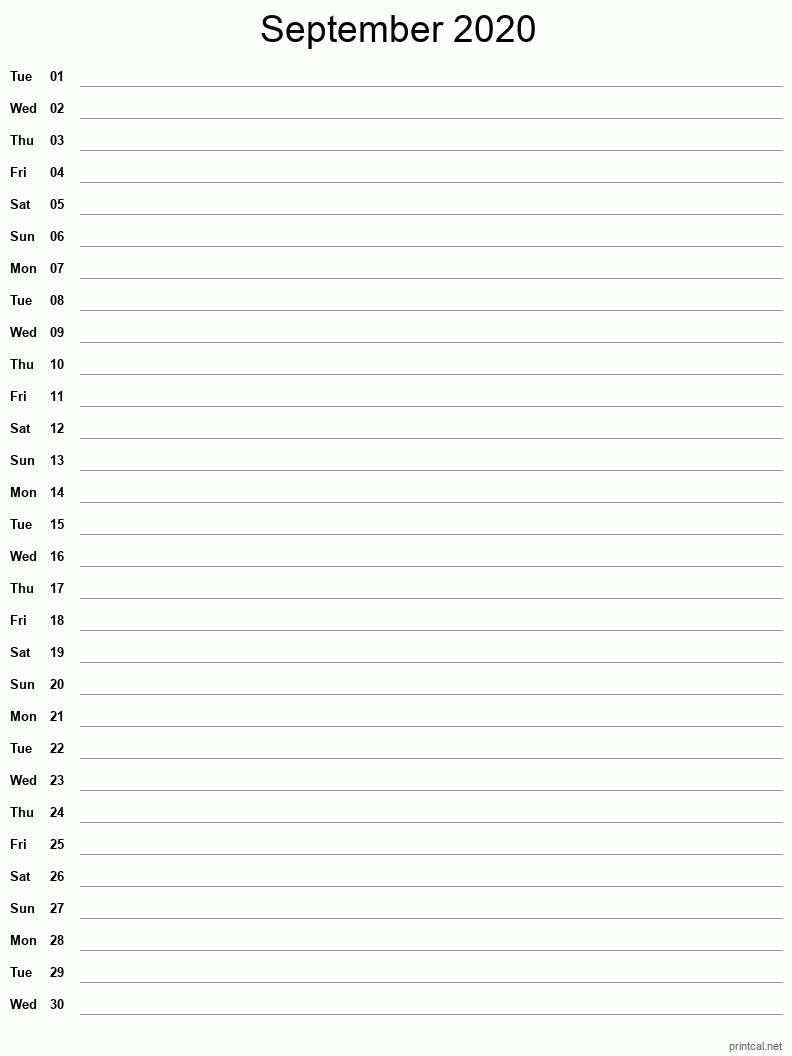 September 2020 Printable Calendar - Single Column Notesheet