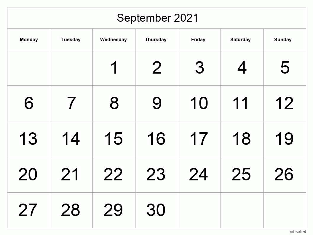 September 2021 Printable Calendar - Big Dates