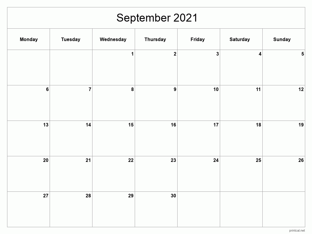 September 2021 Printable Calendar - Classic Blank Sheet