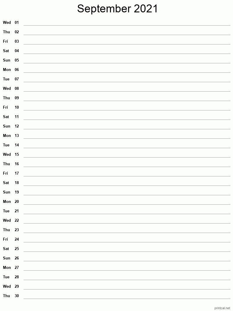 September 2021 Printable Calendar - Single Column Notesheet