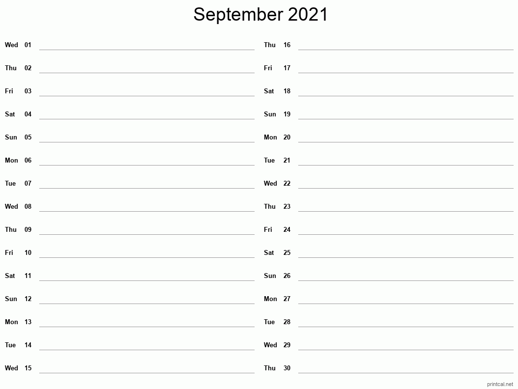 September 2021 Printable Calendar - Two Column Notesheet