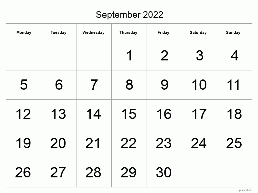 September 2022 Printable Calendar - Big Dates