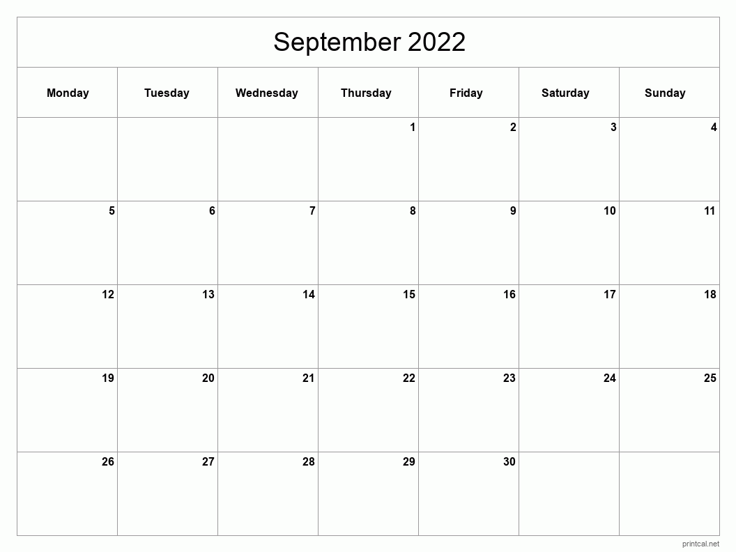 September 2022 Printable Calendar - Classic Blank Sheet