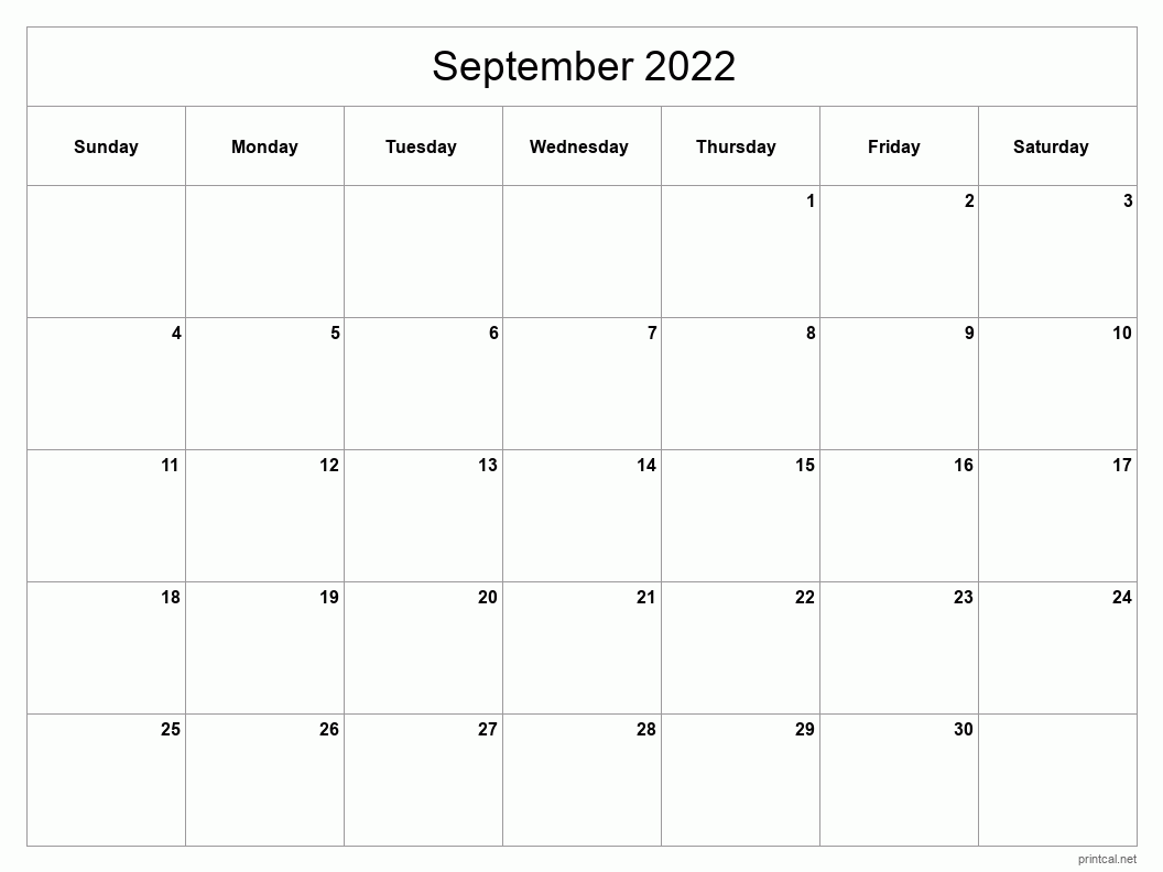 Printable September 2022 Calendar Classic Blank Sheet