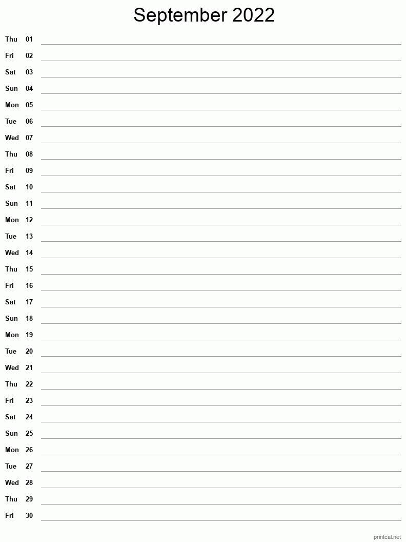 September 2022 Printable Calendar - Single Column Notesheet