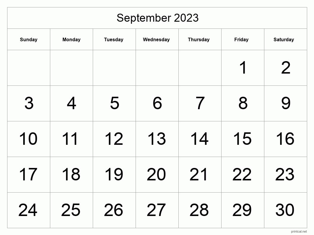 September 2023 Printable Calendar - Big Dates