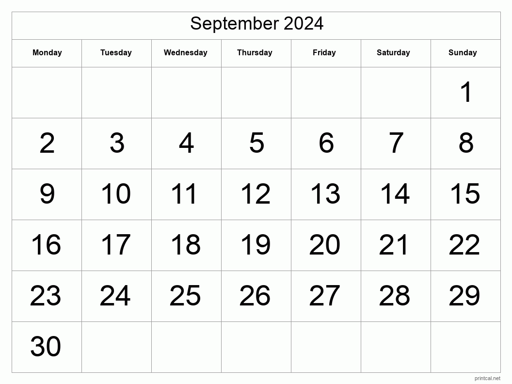 September 2024 Printable Calendar - Big Dates
