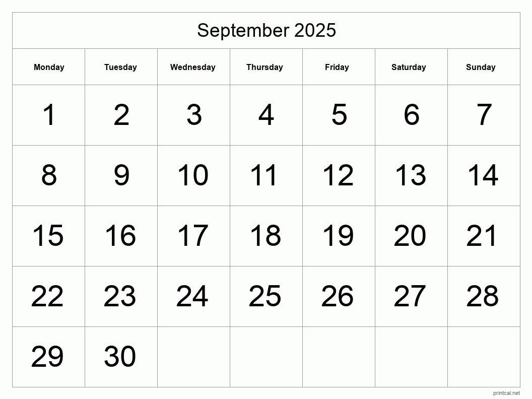 September 2025 Printable Calendar - Big Dates