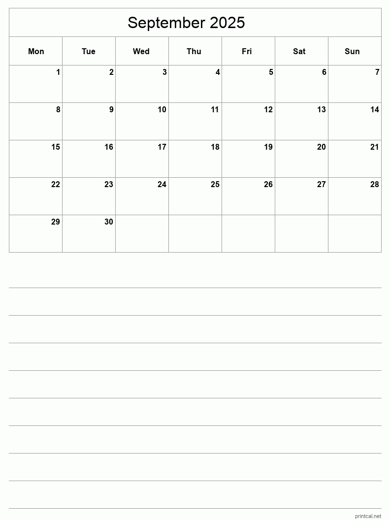 September 2025 Printable Calendar - Half-Page With Notesheet