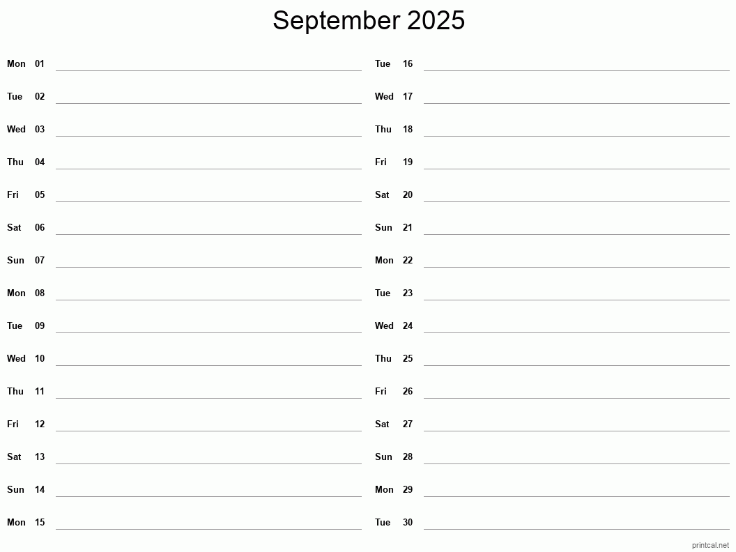 September 2025 Printable Calendar - Two Column Notesheet