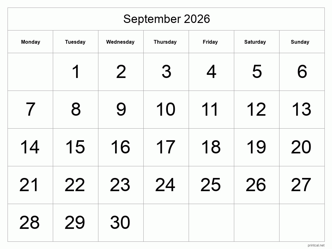 September 2026 Printable Calendar - Big Dates